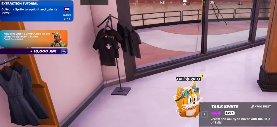 Tails Sprite on the ground with the pickup prompt during the extraction tutorial