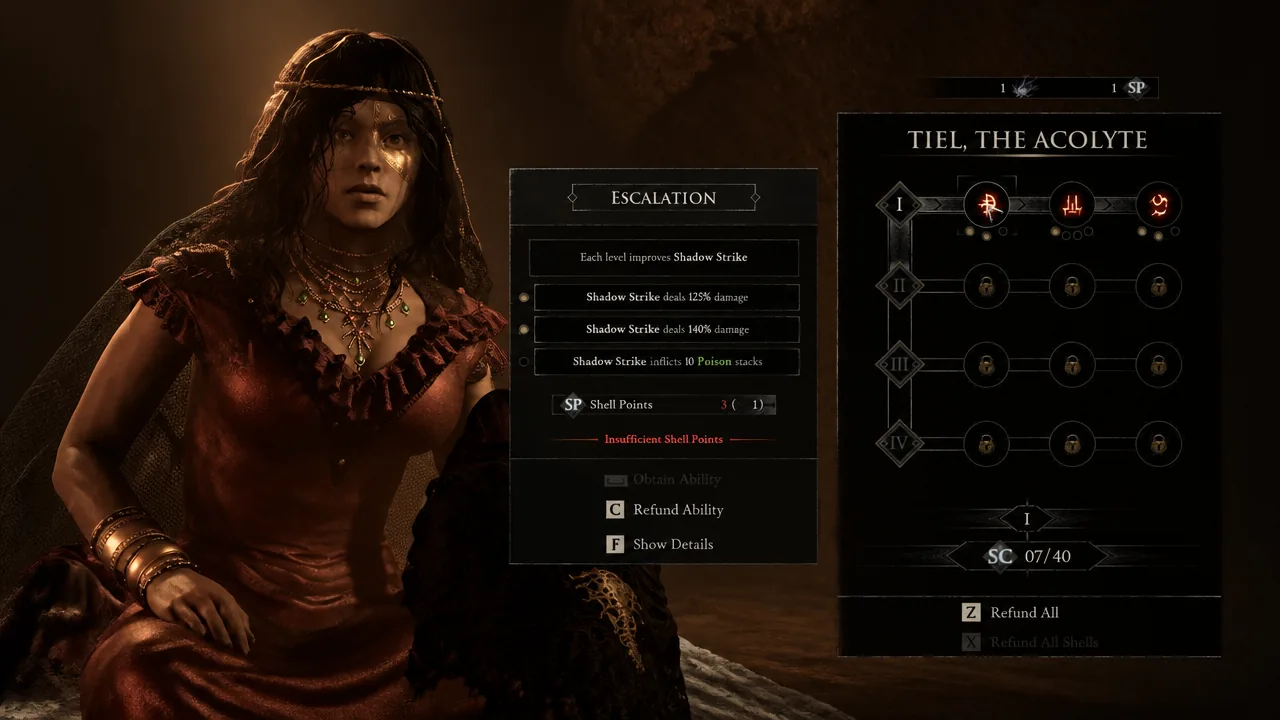 Tiel's skill tree with the Escalation node highlighted and locked behind missing Shell Points