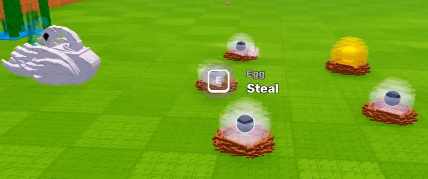 Player standing at a nest with the E steal prompt on screen, ready to grab the egg
