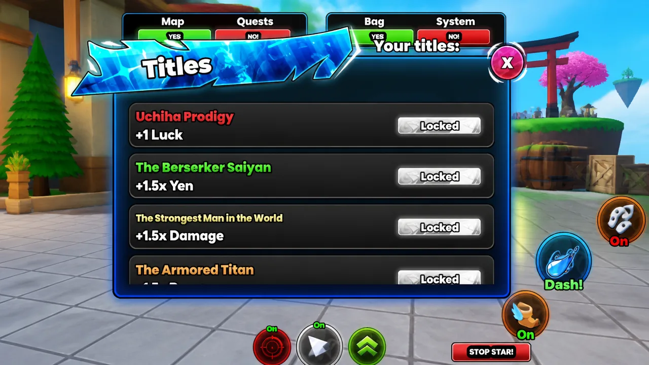 Titles menu showing locked titles including Uchiha Prodigy, The Berserker Saiyan, and The Strongest Man in the World