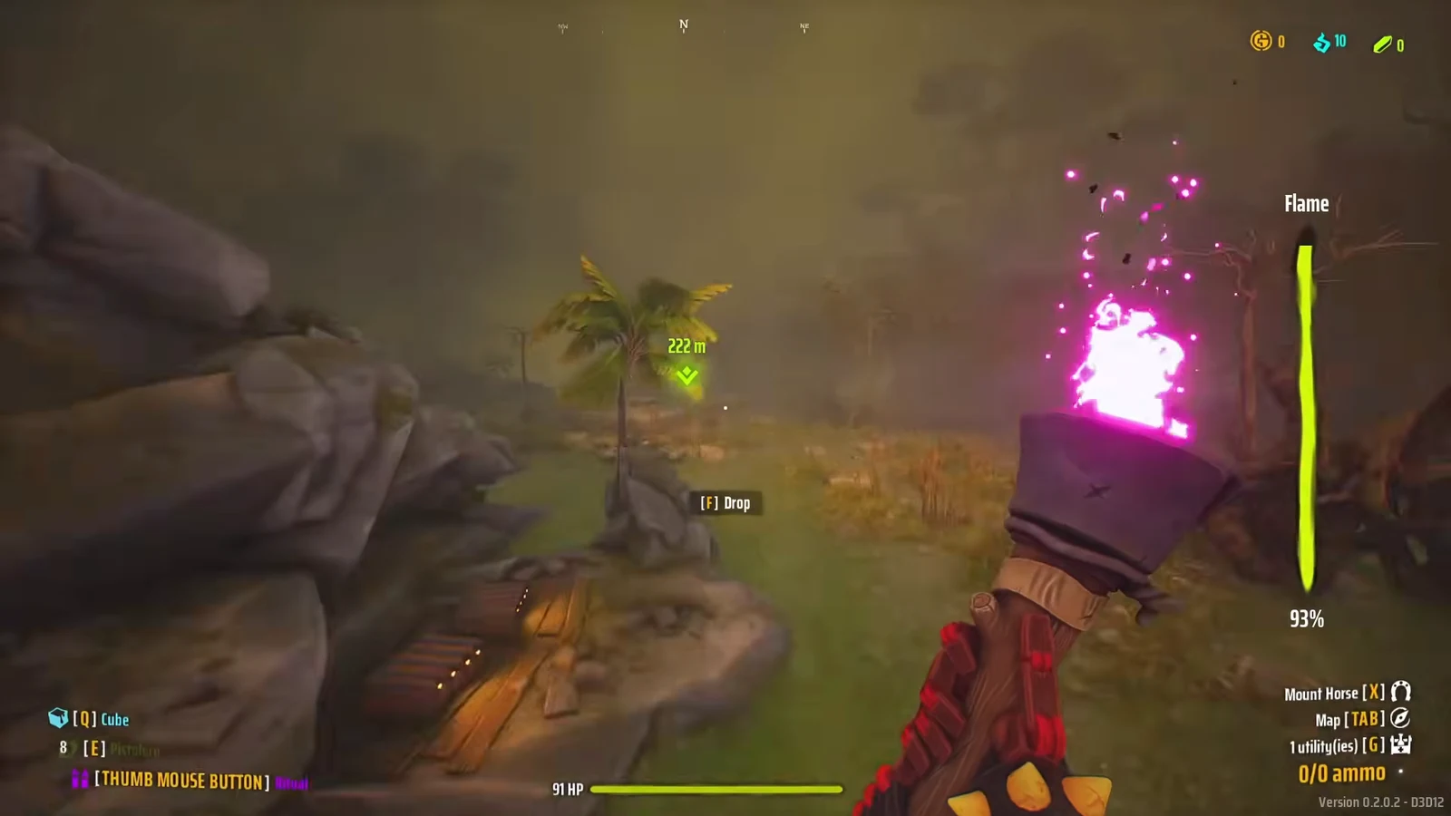 First-person view holding the Flame with an F Drop prompt and a waypoint 222 meters ahead