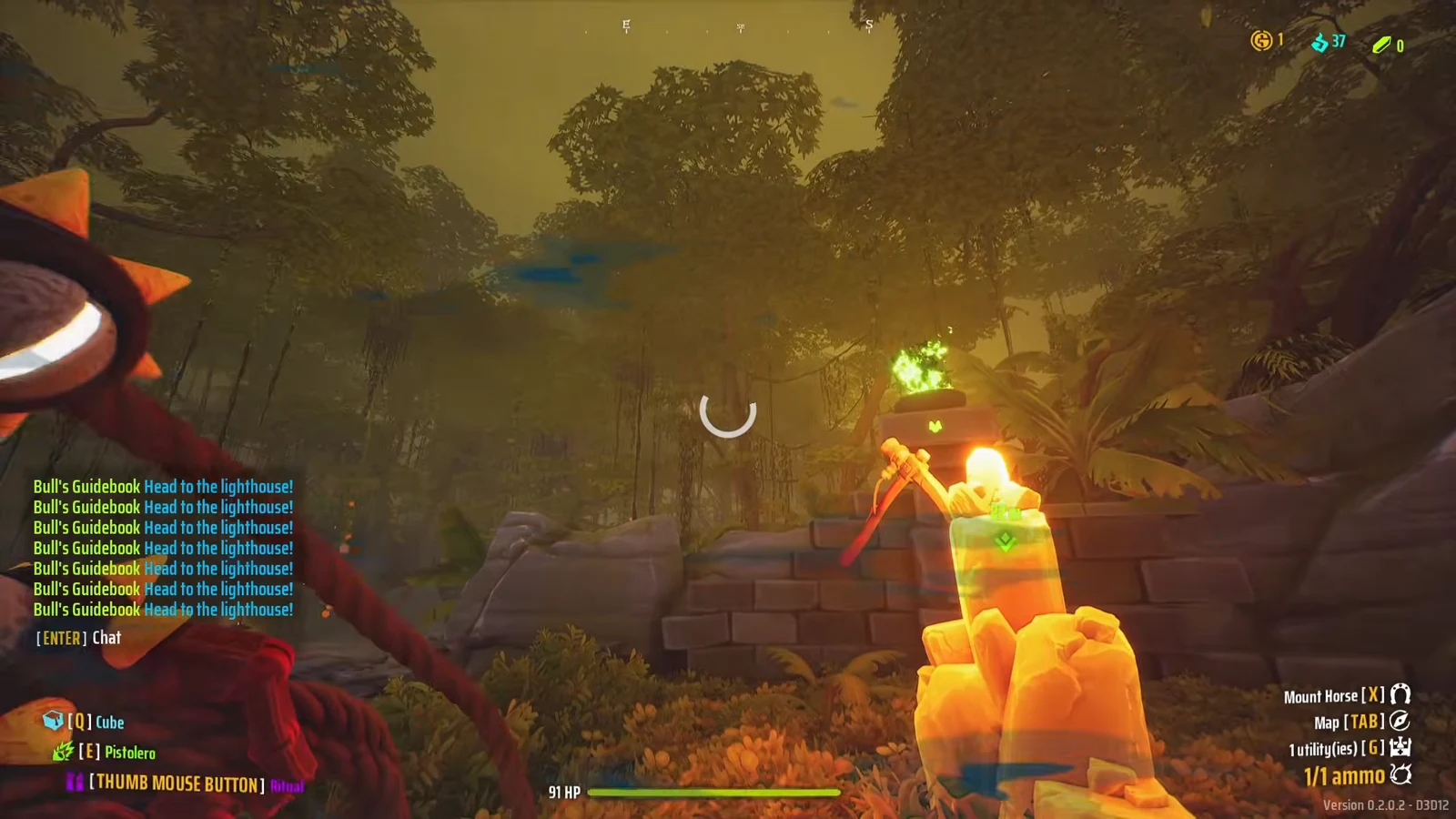 First-person Jungle gameplay with the Pistolero equipped and an objective marker pointing to the lighthouse