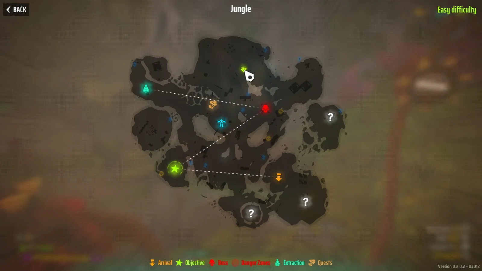 Jungle map open on Easy difficulty with a glowing green objective marker along the route