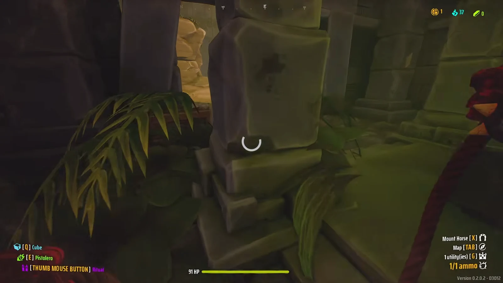First-person gameplay showing a circular loading spinner while the scene loads