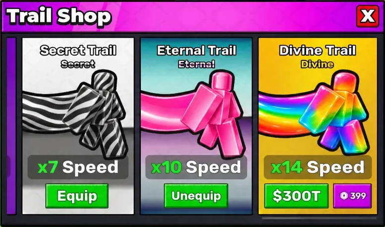 Trail Shop panel showing the Eternal Trail with an Unequip button, confirming it is active