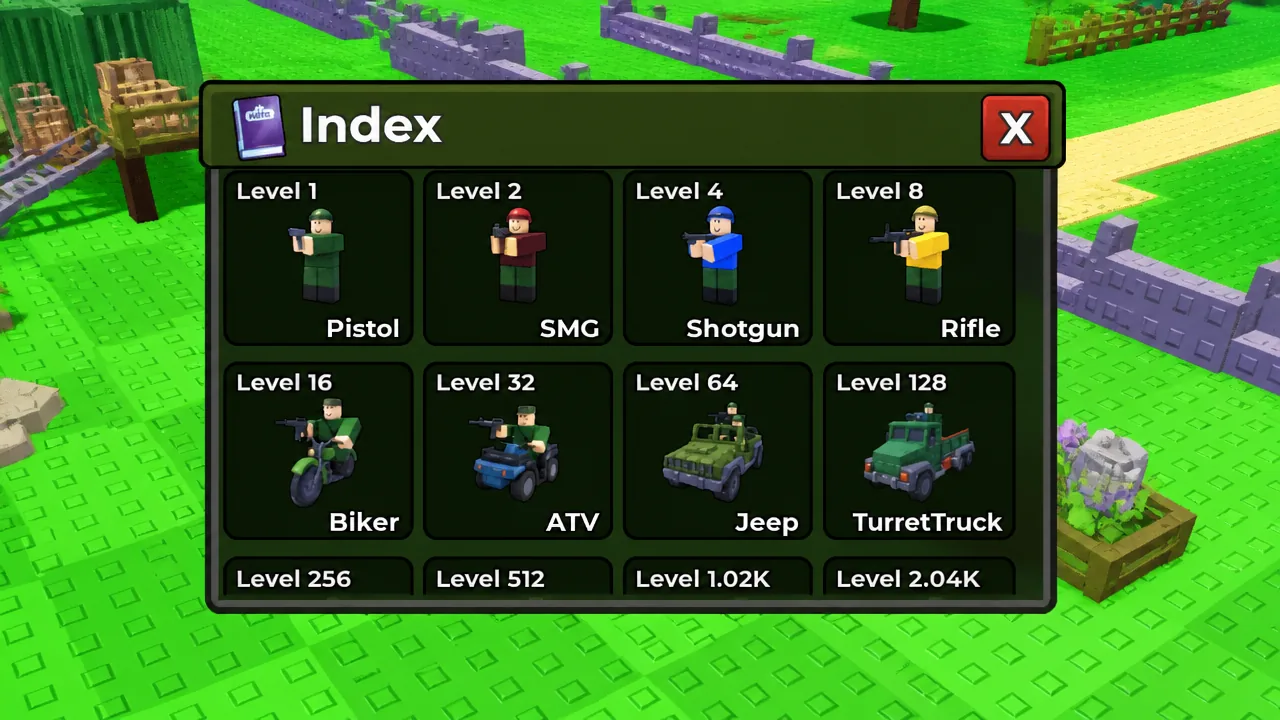 Index menu listing unlockable units by level, from Pistol to Turret Truck