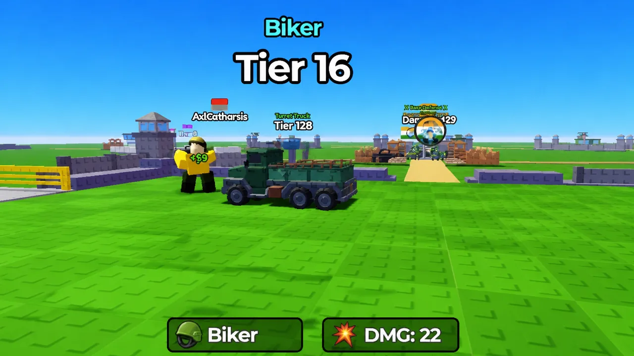 Deployed Biker unit at Tier 16 with a damage stat shown on the bottom panel