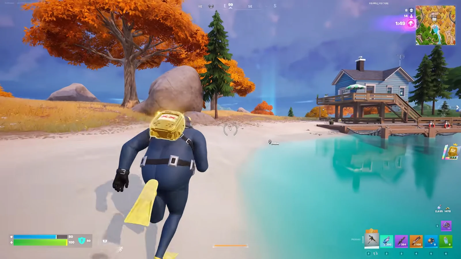 Fortnite player swimming toward a lakeside dock while carrying a golden briefcase item