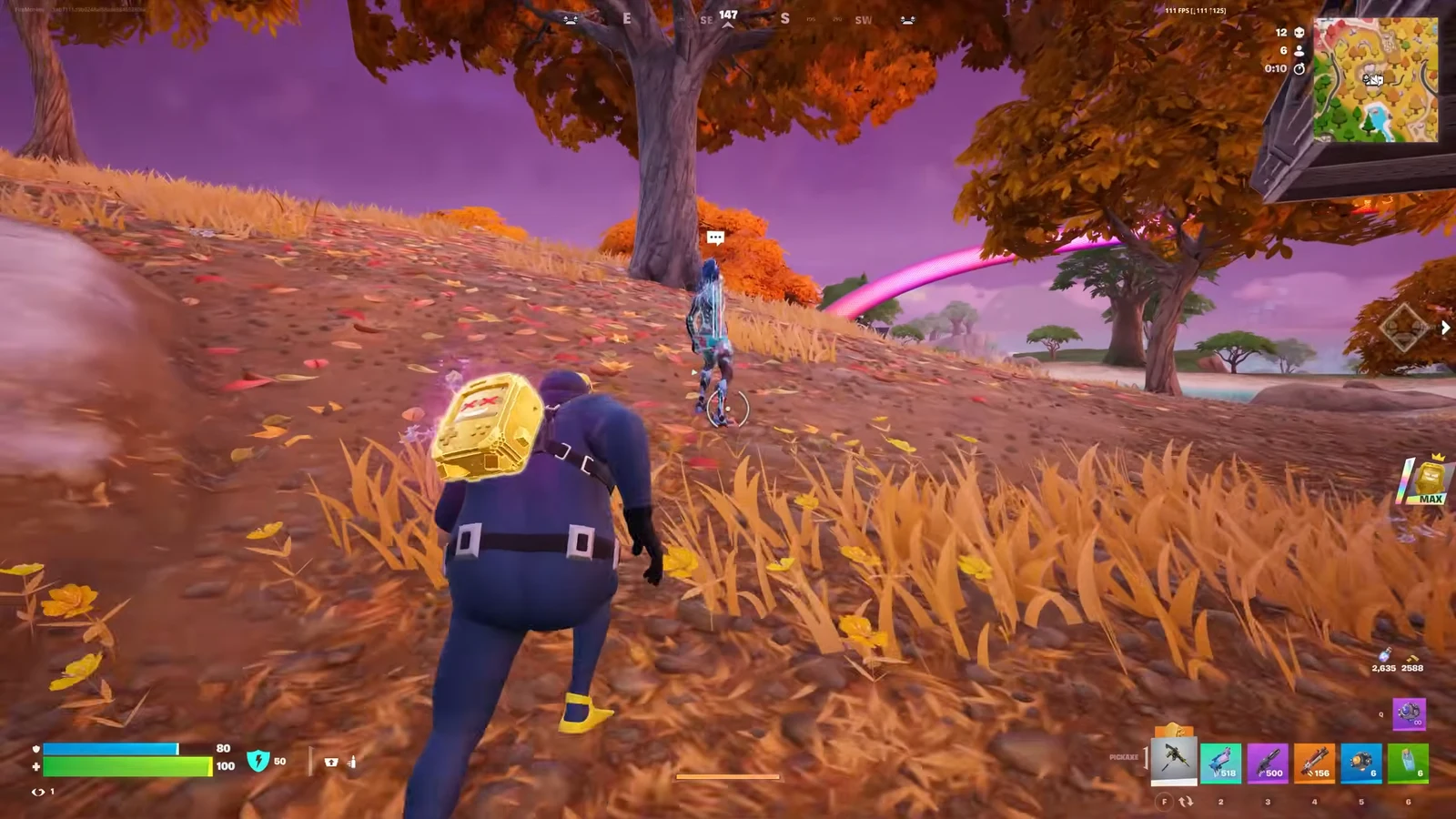 Fortnite player approaching an NPC marked with a speech-bubble interaction icon