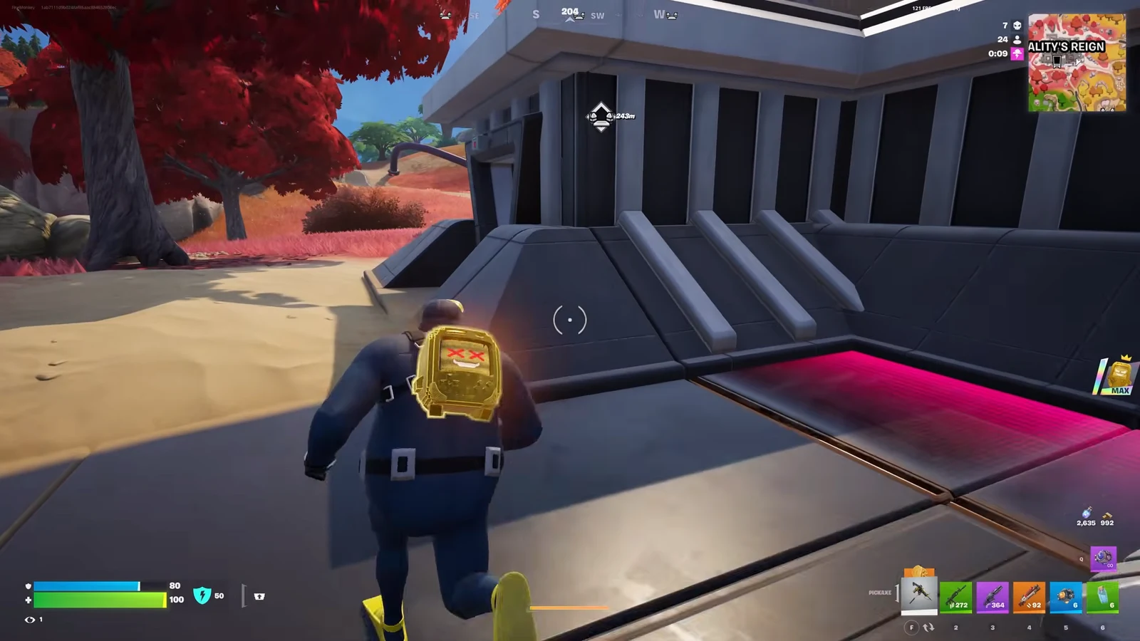 Fortnite player running across a futuristic platform toward a glowing pink floor panel