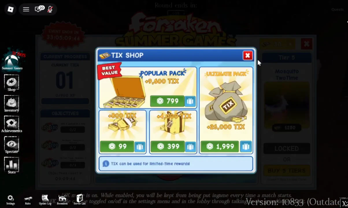 The Tix Shop menu in Forsaken with the Popular Pack purchase button highlighted