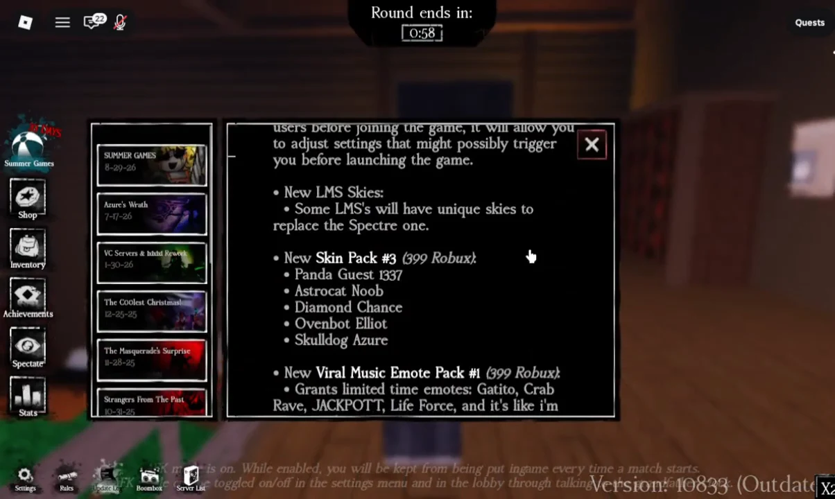 The in-game update notes panel listing new LMS skies, skin packs, and emote additions