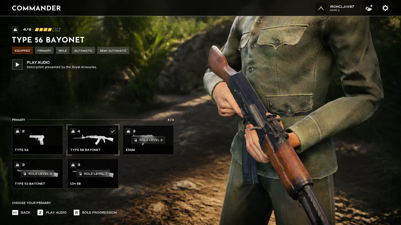 Type 56 Bayonet highlighted in the NVA primary weapon list