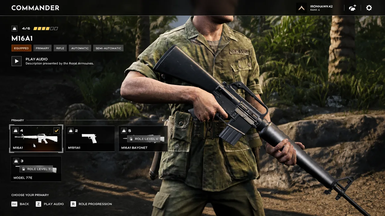 M16A1 highlighted in the US primary weapon selection screen