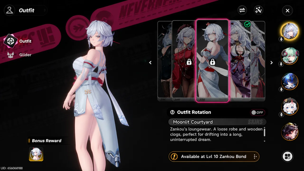 Moonlit Courtyard outfit card highlighted while choosing Zankou's outfit