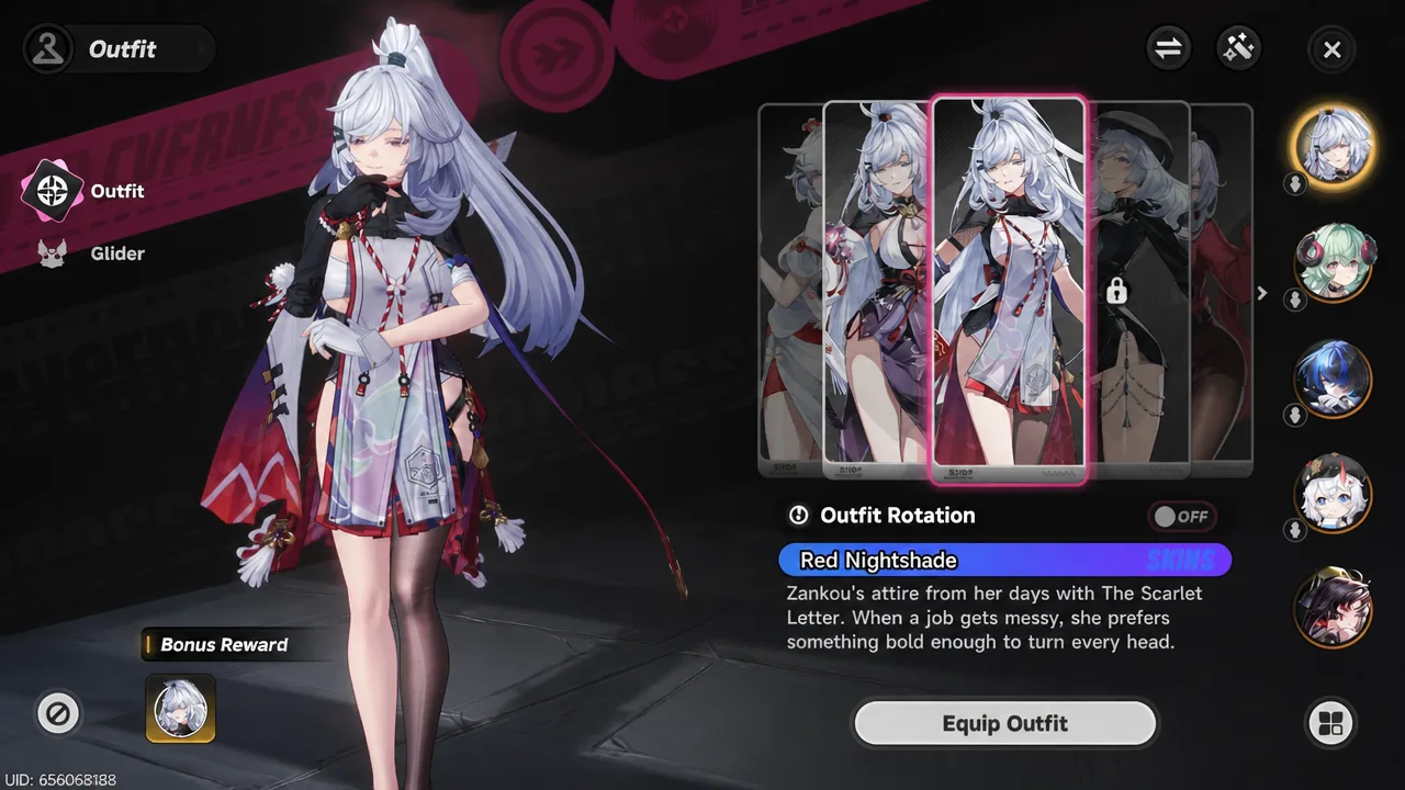 Red Nightshade selected in Zankou's Outfit menu with the equip option ready