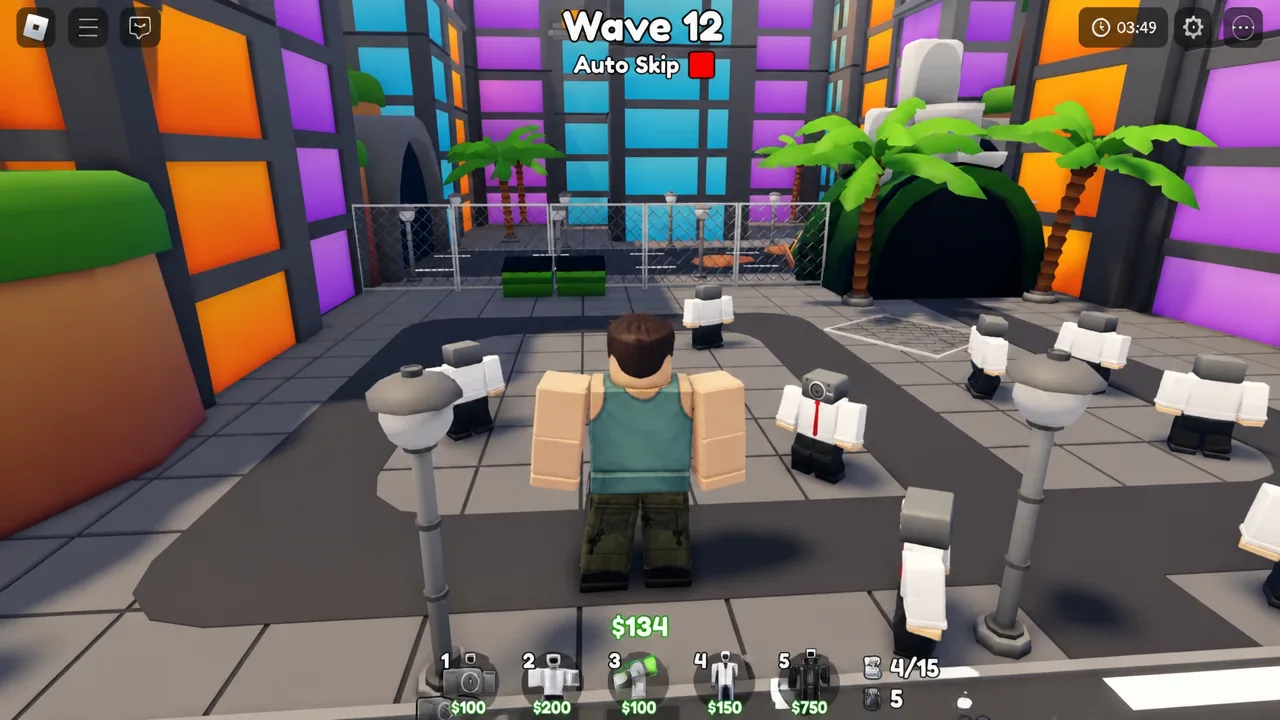 Wave 12 in progress with the red Auto Skip toggle visible while enemies advance