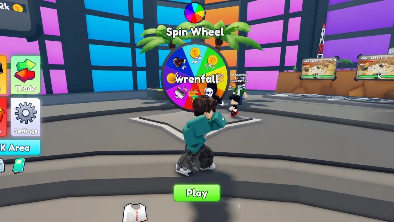 Spin Wheel screen showing coin and boost prizes with the Play button highlighted