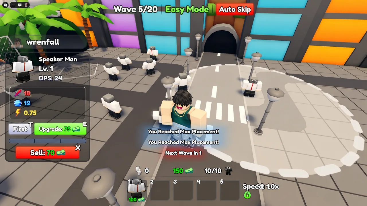 Speaker Man unit panel open during Wave 5 showing the Upgrade: 75 button at max placement