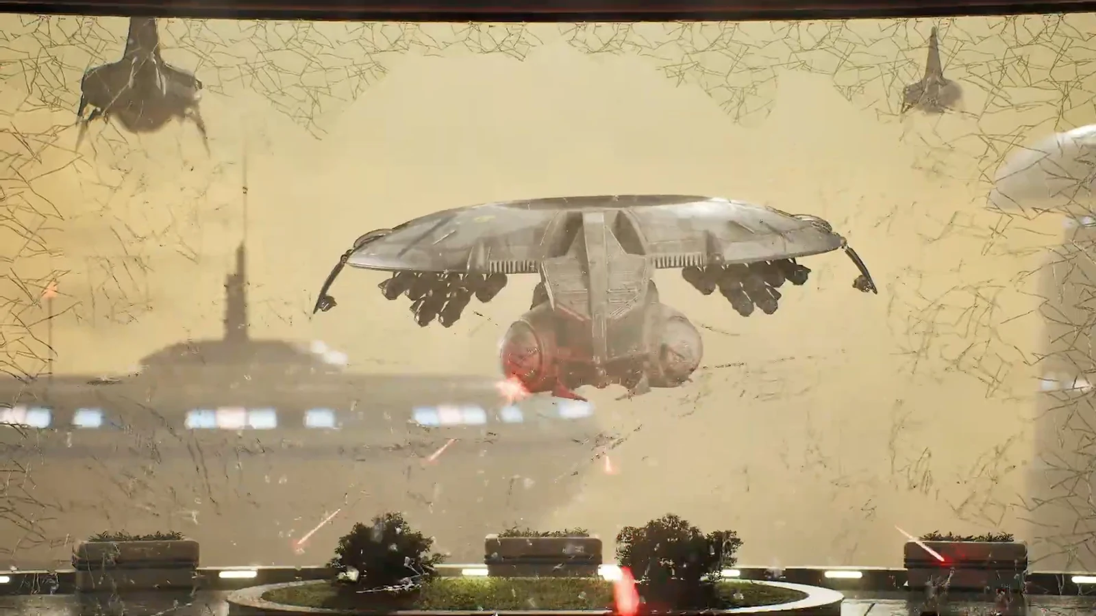 A Separatist gunship strafes the meeting room and shatters the windows