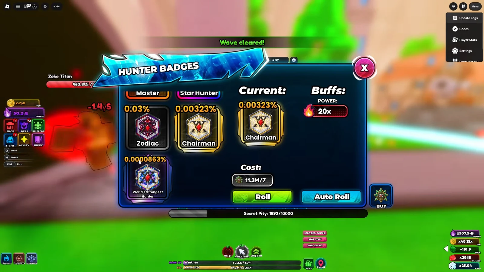 Hunter Badges roll menu showing the Chairman badge, power buff, and Roll buttons