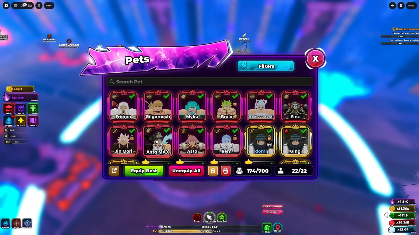 Pets inventory showing pet cards and the Equip Best button