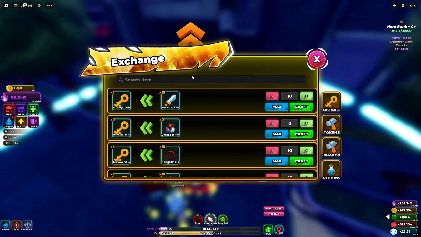 Exchange menu showing token recipes with a Sword Token exchange and green Craft button