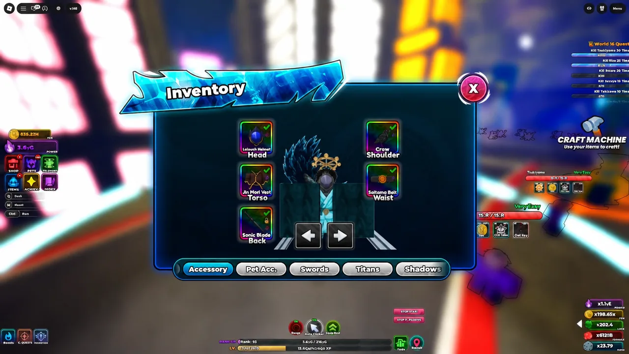 Inventory Accessory tab showing equipped Head, Torso, Back, Shoulder and Waist slots