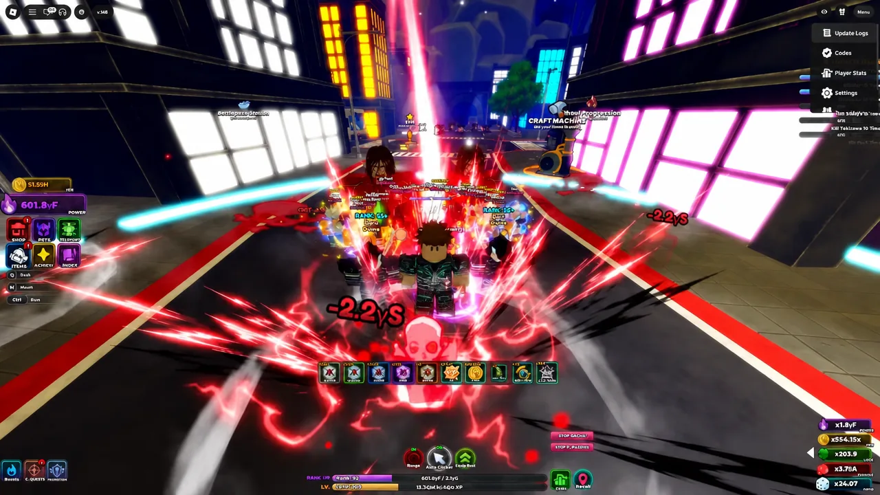 Menu screen open in Tokyo Ward while the player fights enemies surrounded by combat effects
