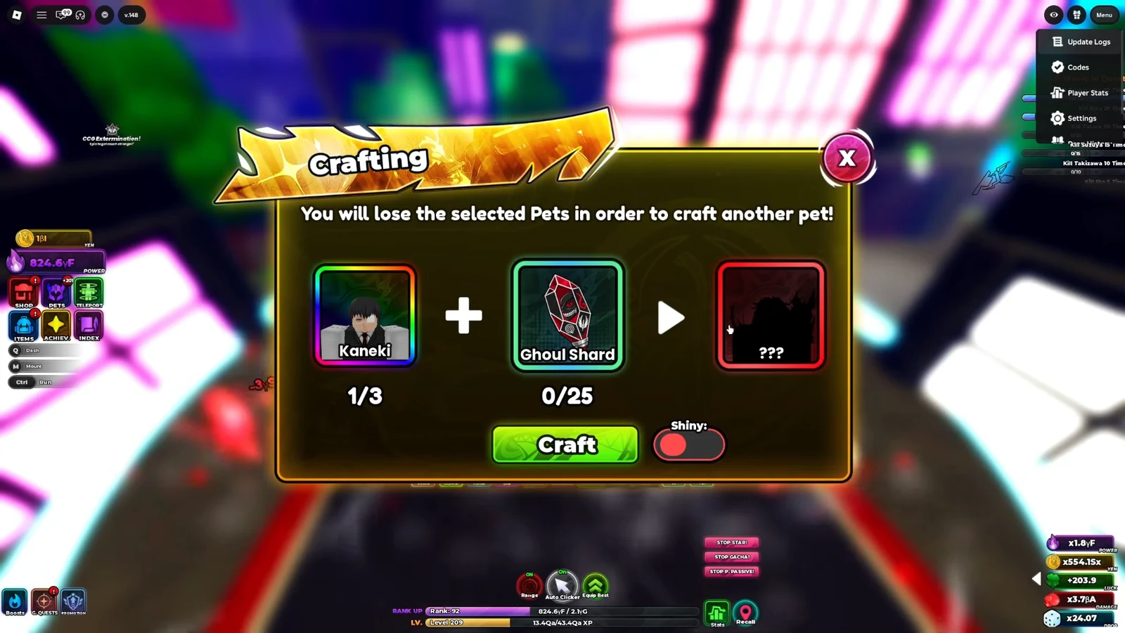 Crafting menu showing the Kaneki recipe with its Ghoul Shard requirement and Craft button