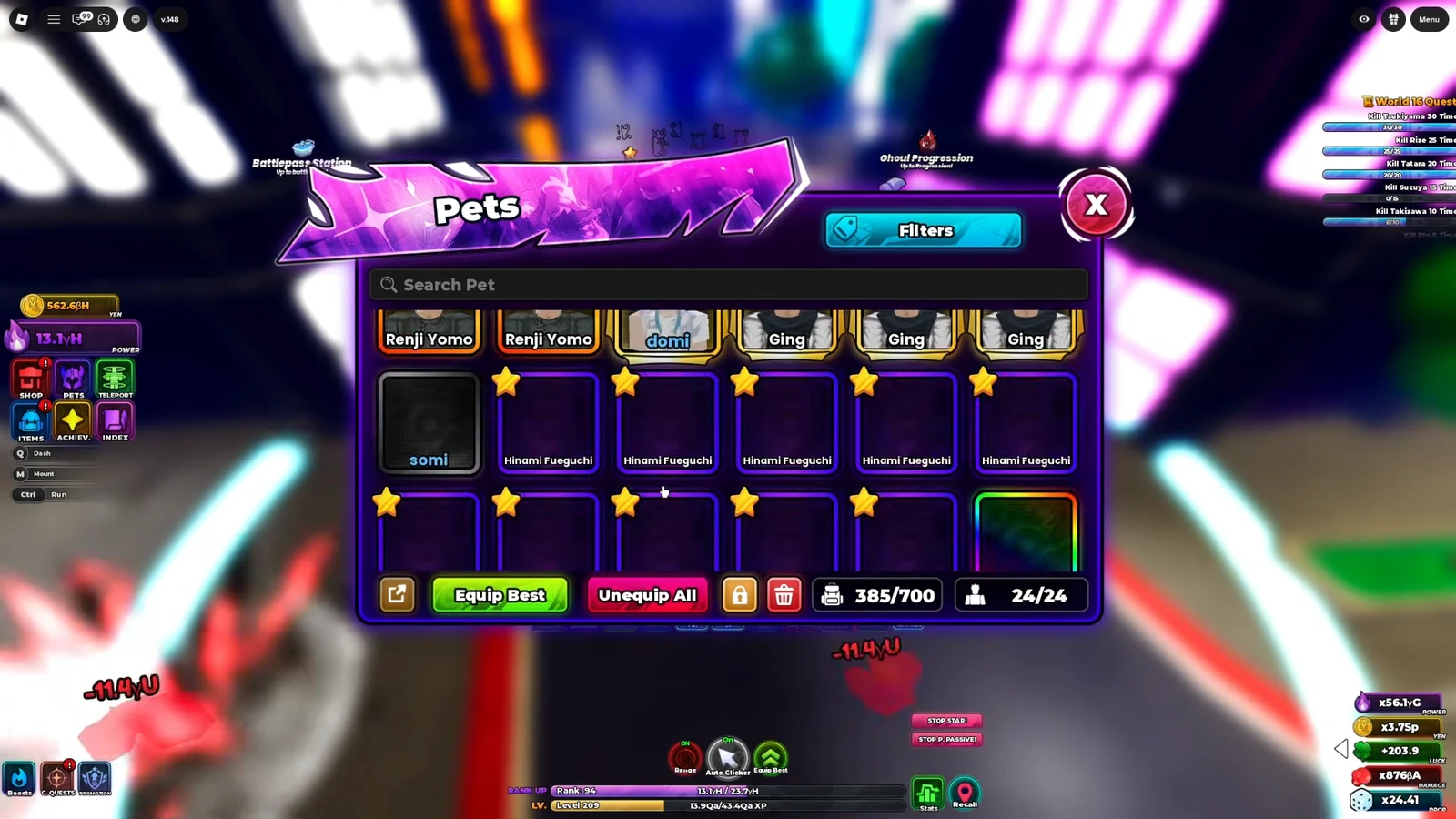 Pets menu open with Search Pet, Filters and Equip Best controls above the pet inventory
