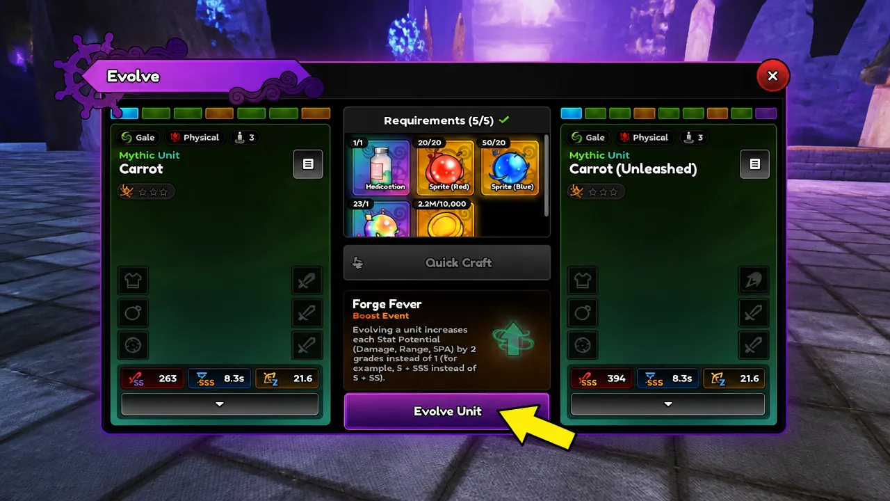 Carrot Evolve screen with completed requirements and the purple Evolve Unit button