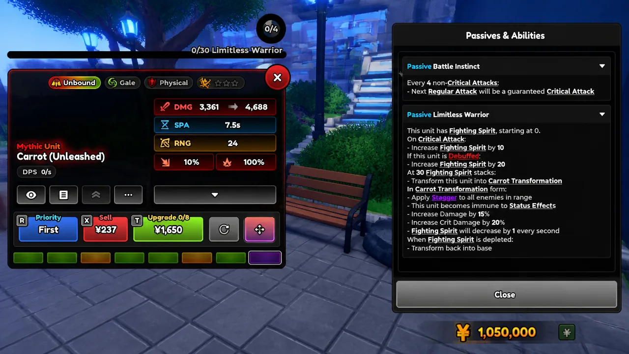 Passives and Abilities panel showing Limitless Warrior and Fighting Spirit effects