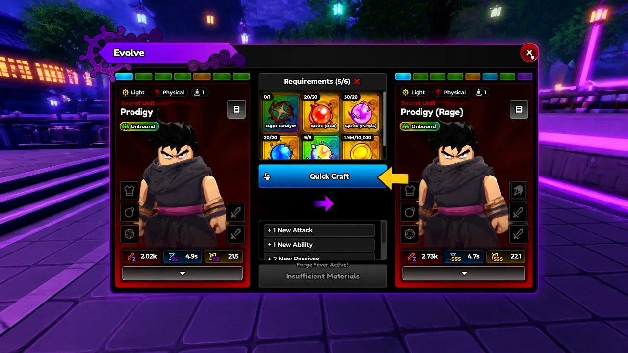 Evolve menu showing Prodigy evolution requirements