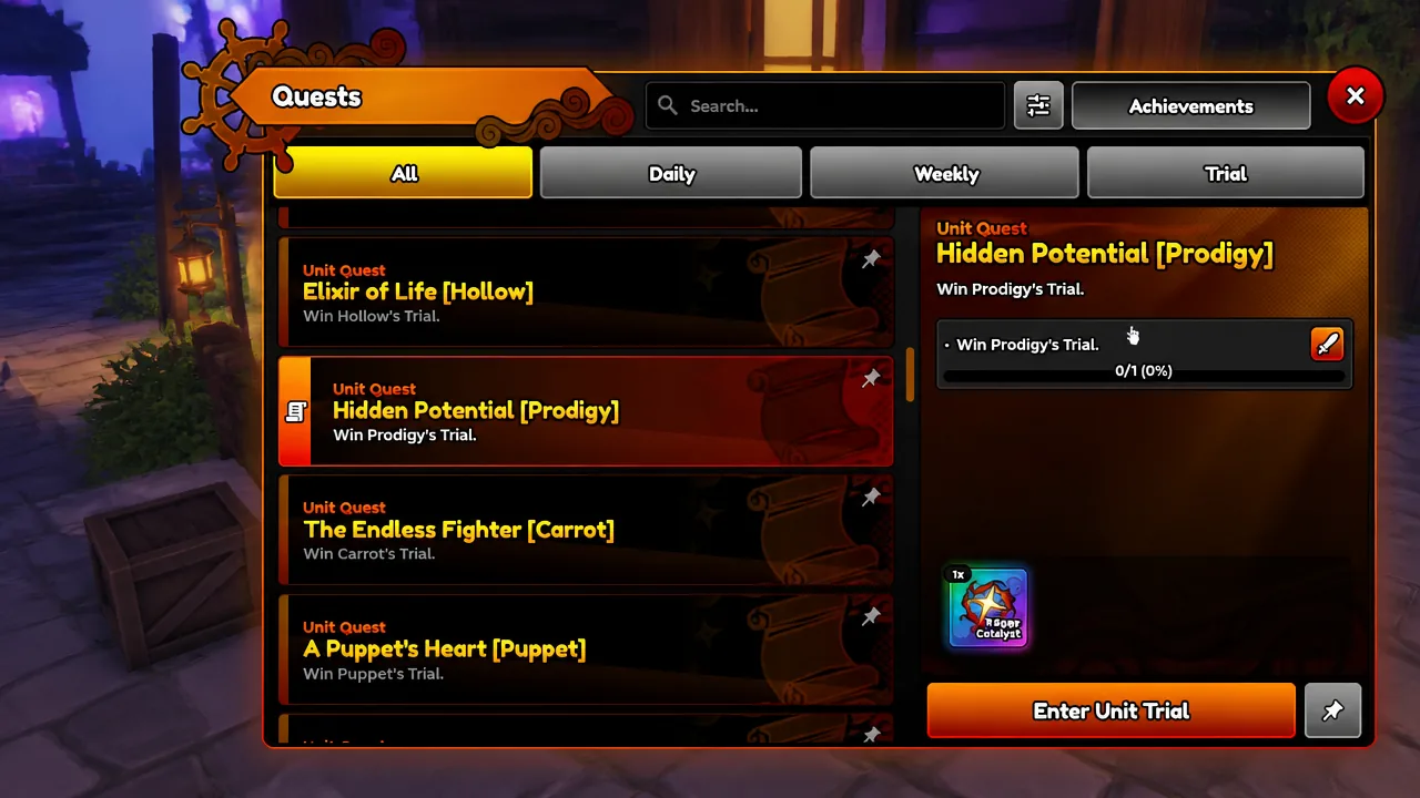 Hidden Potential Prodigy Unit Quest in the Quests menu