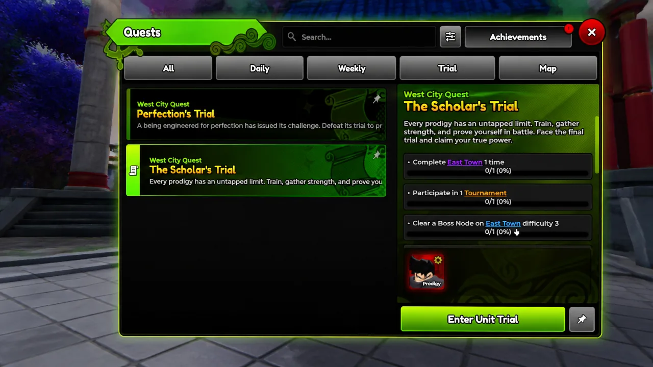 The Scholar's Trial objectives in the Quests menu