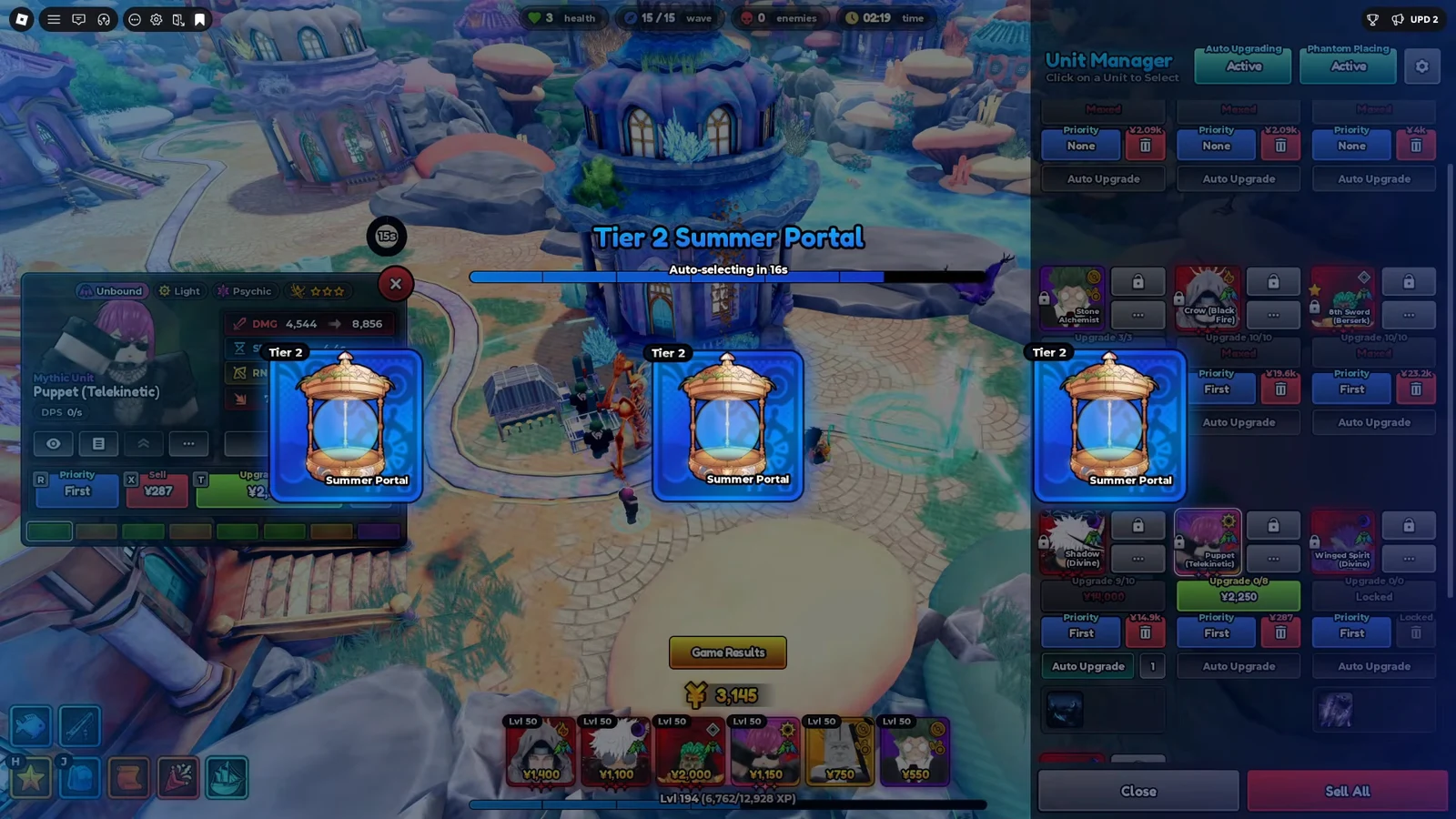 Portal selection screen with three Summer Portal cards auto-selecting and the Unit Manager open