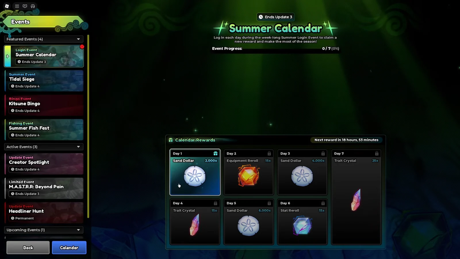 Events menu showing the Summer Calendar with a 2,000 Sand Dollar Day 1 reward ready to claim