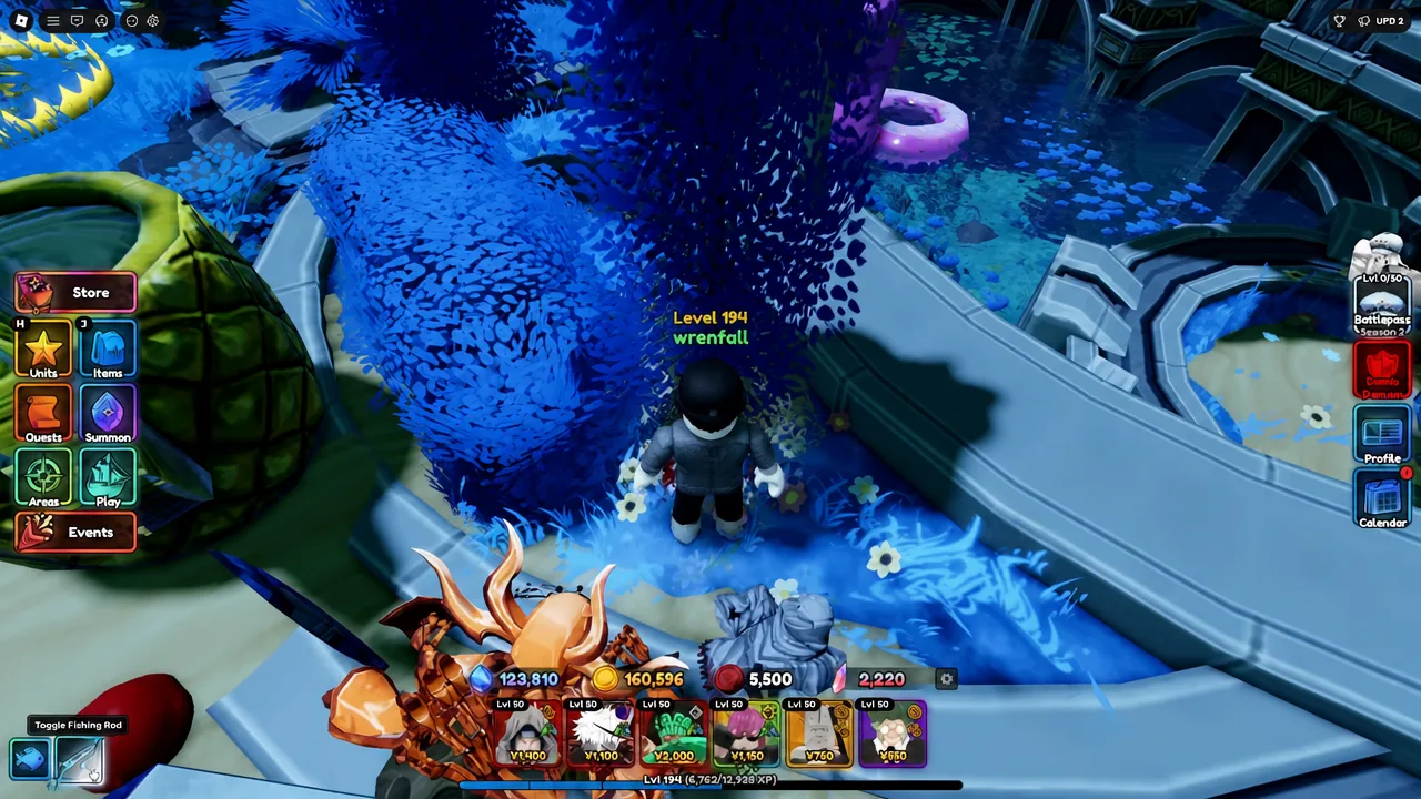 Gameplay HUD with the Toggle Fishing Rod button visible in the bottom-left corner