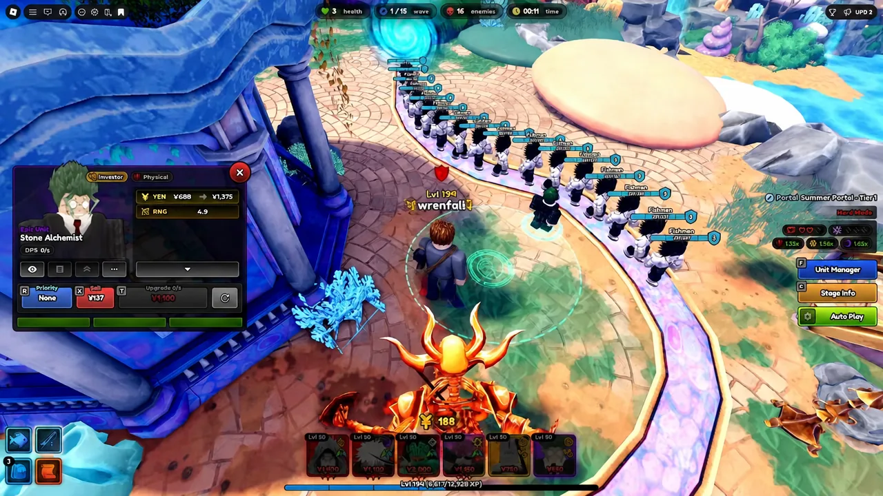Unit panel open mid-wave showing stats and upgrade controls during a portal run