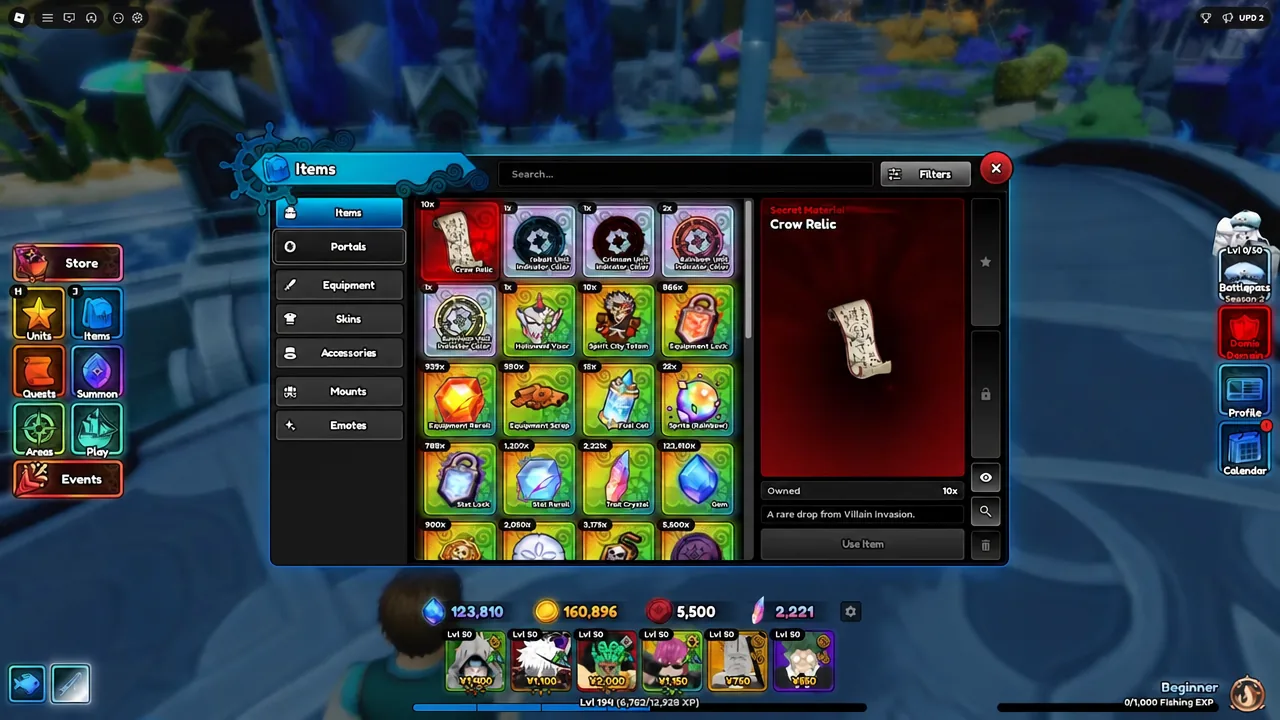 Items menu with the Crow Relic selected, showing its details in the inventory list
