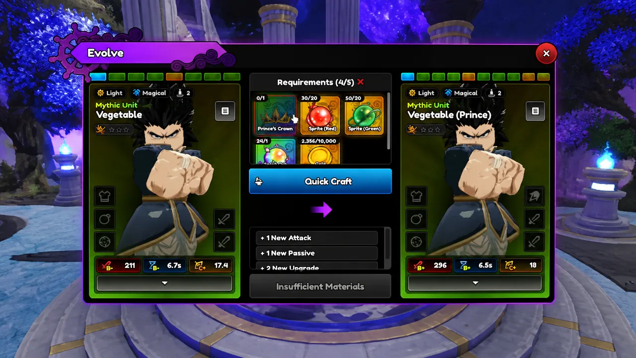 Evolve menu showing Vegetable evolving into Vegetable (Prince)
