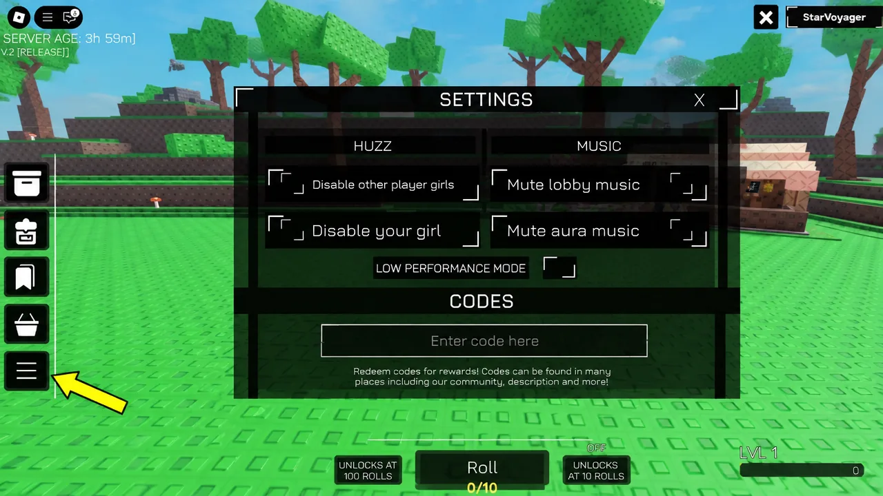 Codes text box open in the Anime Girl RNG settings menu ready for input