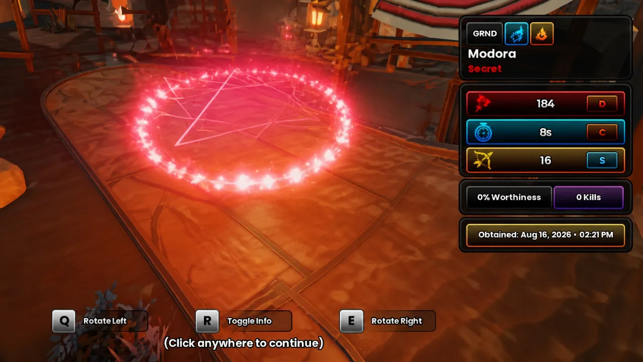 Modora's Secret unit information screen listing its stats and the date it was obtained