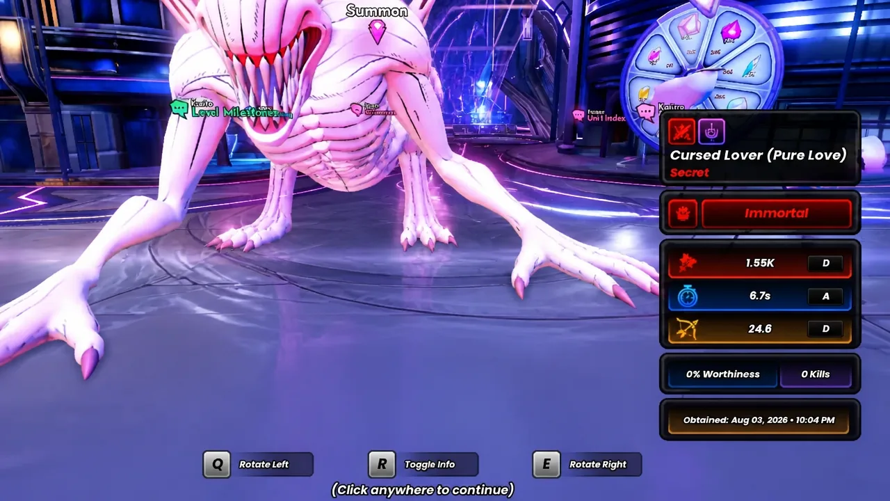 Cursed Lover (Pure Love) detail panel showing Secret rarity, Immortal status and stats