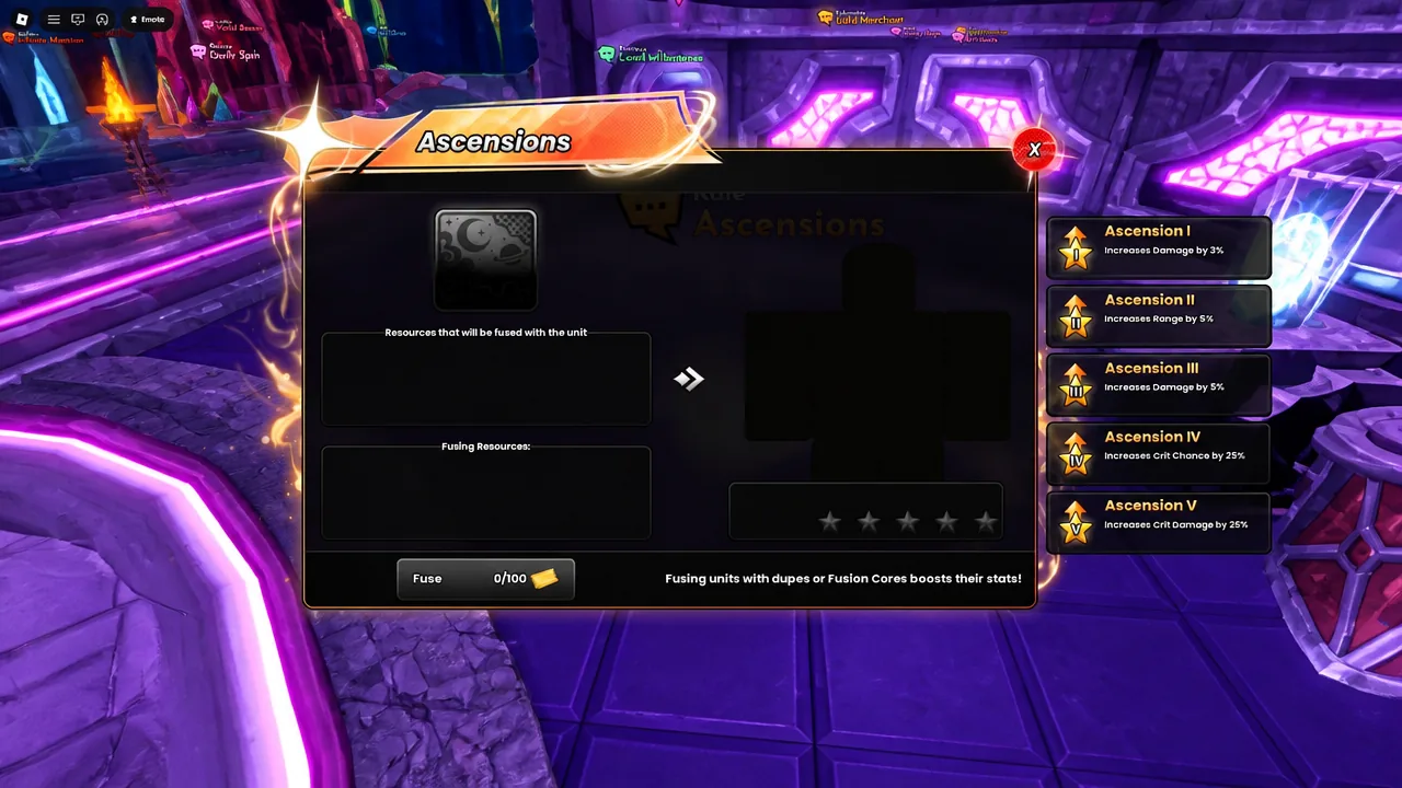 The Ascensions screen with the Fuse button and empty resource slots