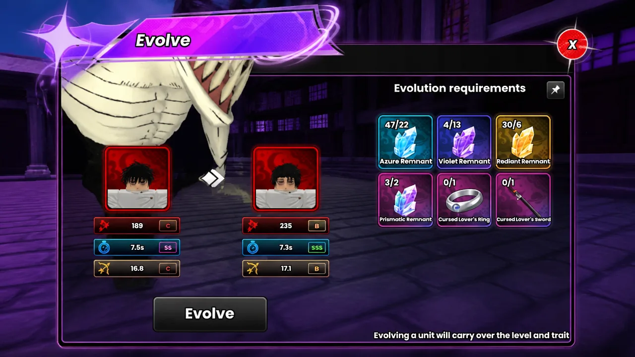Evolve menu listing Cursed Lover requirements next to two unit slots and the Evolve button