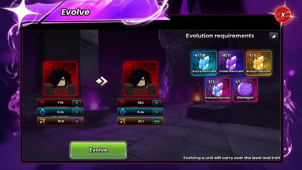 Evolve menu listing the Remnants and Rinnegan needed, with the Evolve button active