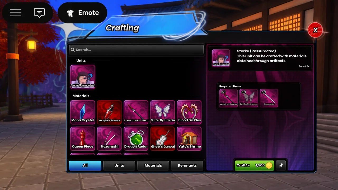Crafting menu with Starku (Resurrected) selected and the Craft 1x button available
