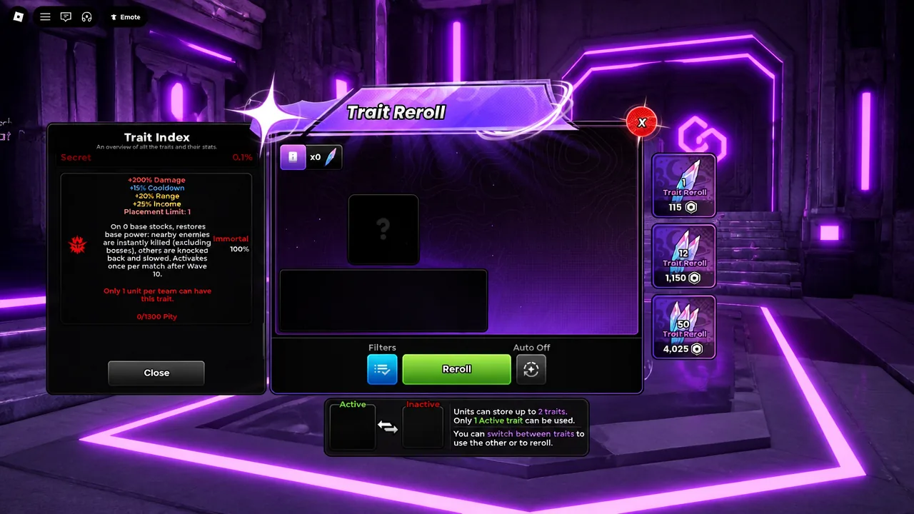 The Trait Reroll screen with a green Reroll button